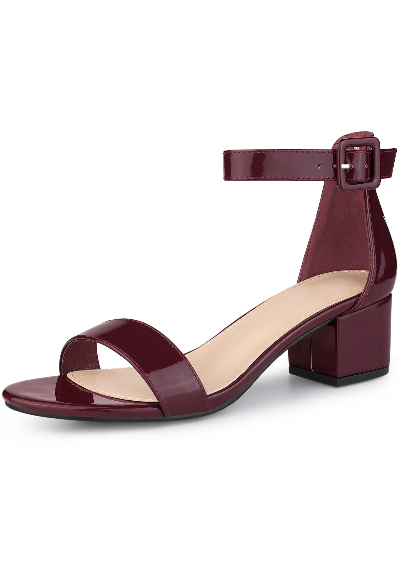 Open Toe Low Block Heel Ankle Strap Sandals, Burgundy / Burgundy, hi-res image number 0