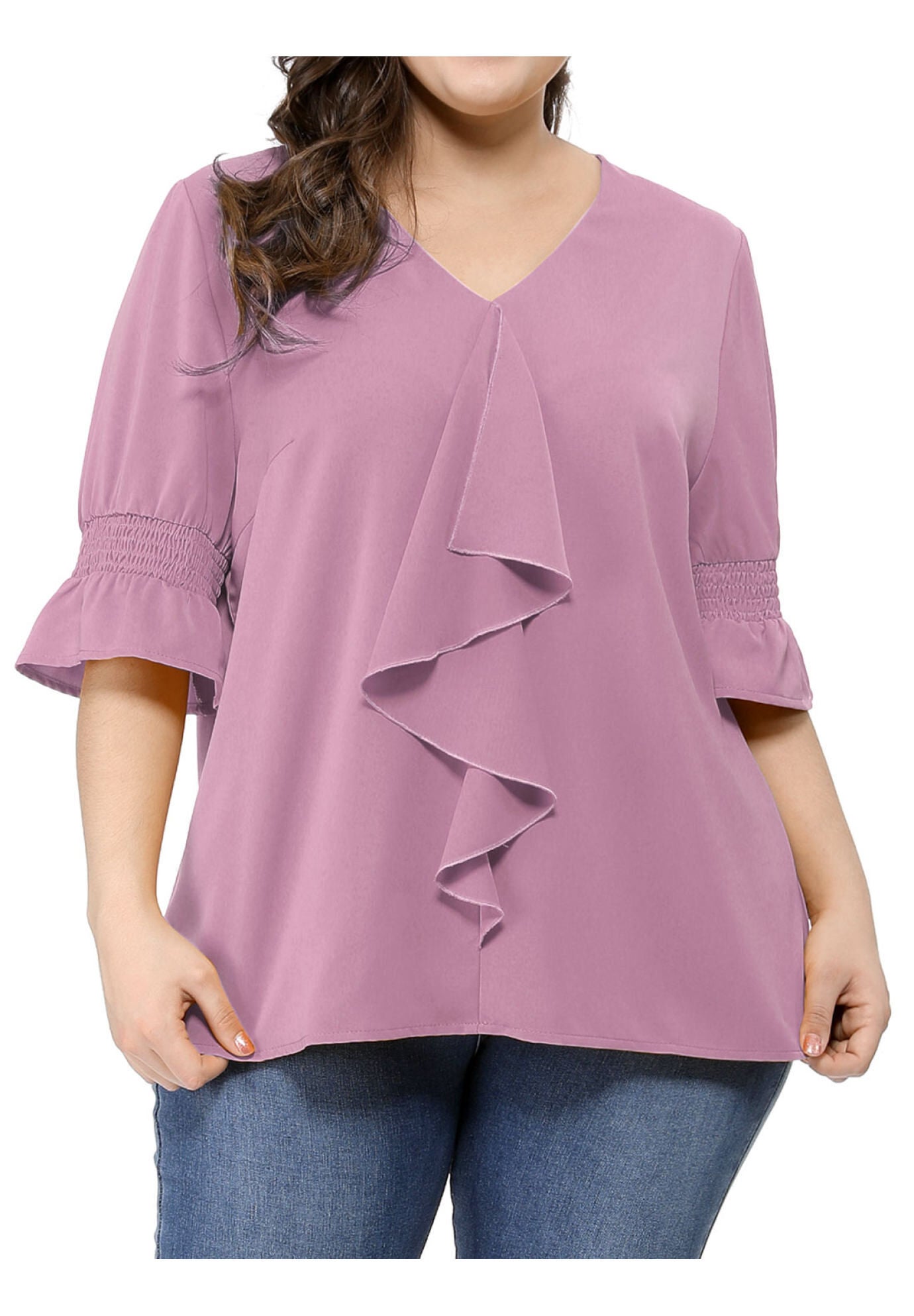 Ruffle Blouse V Neck Smocked Sleeves Top, Purple / Purple, alternate image number 1