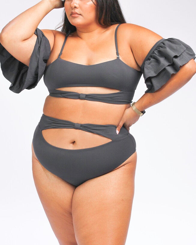Ty cutout bikini top with ruffle sleeves, Dark Grey / Charcoal Grey, hi-res image number 0