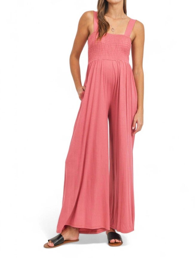 SLEEVELESS SMOCKED MATERNITY JUMPSUIT WITH POCKETS, Coral / Coral, hi-res image number 0