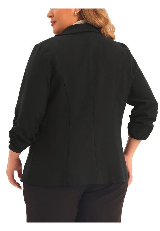 3/4 RUCHED SLEEVE OPEN FRONT LIGHTWEIGHT WORK BLAZER, Black / Black, alternate image number 3