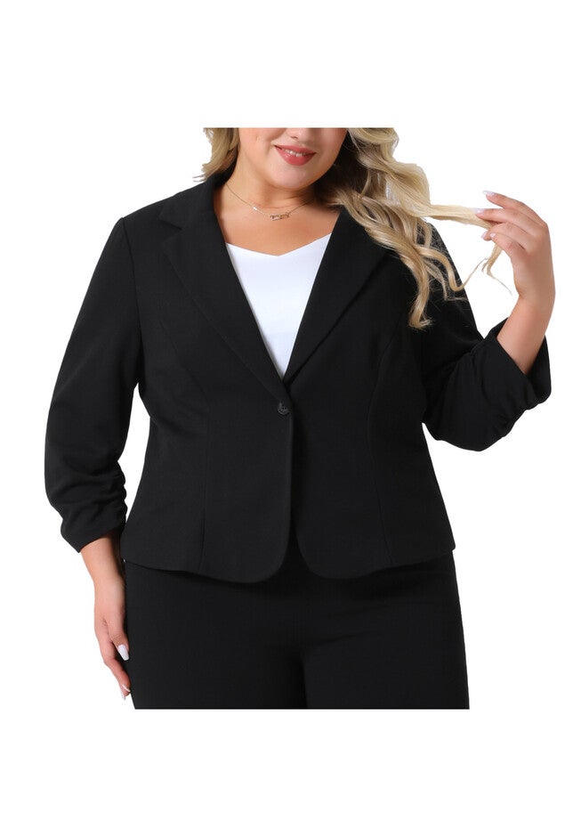 3/4 RUCHED SLEEVE NOTCH LAPEL CROP SUIT BLAZER, Black / Black, alternate image number 1