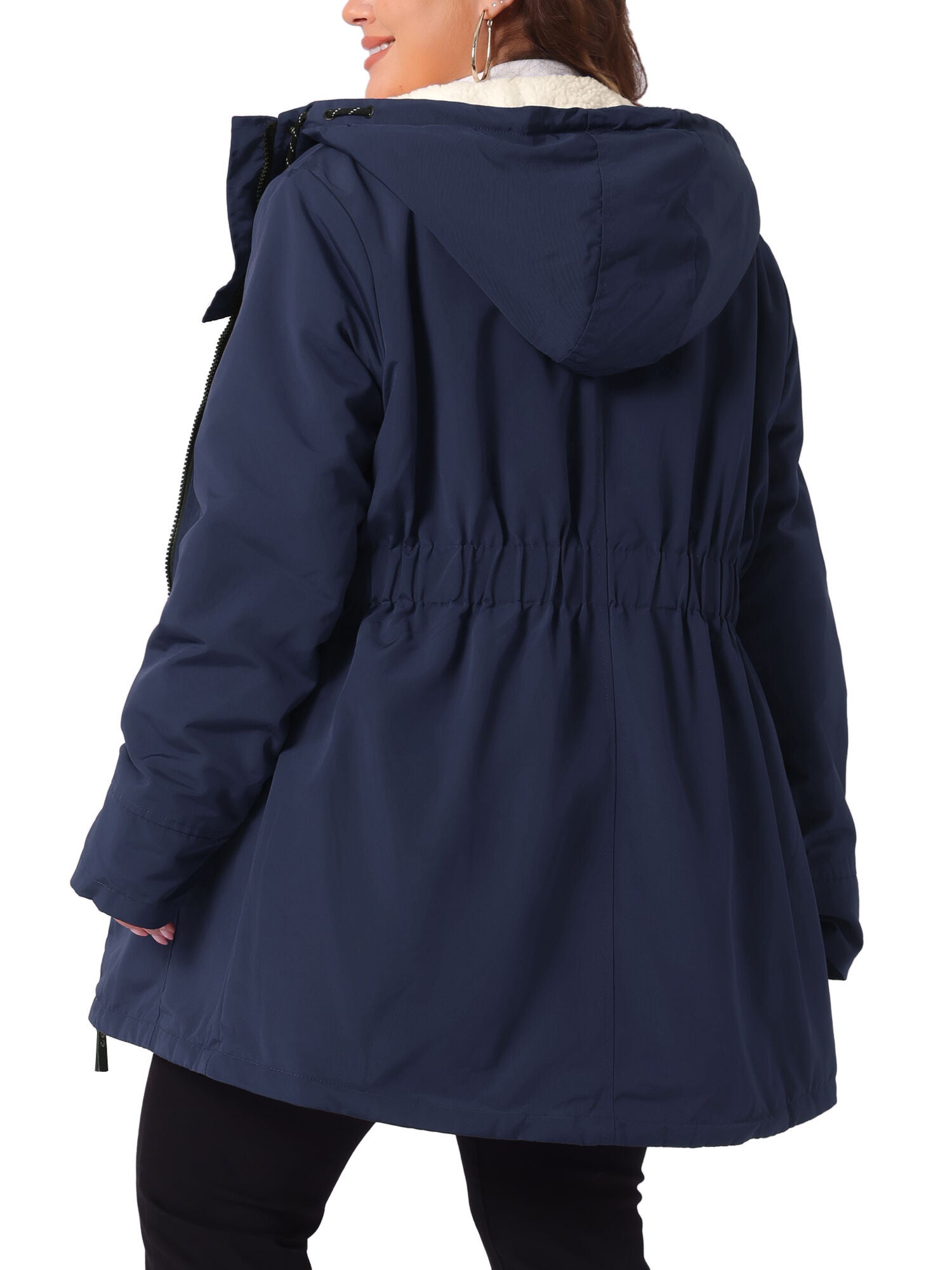 Faux Lamb Fur Leather Button Down Hoodie Parka Coat, Dark Blue / Navy, alternate image number 3