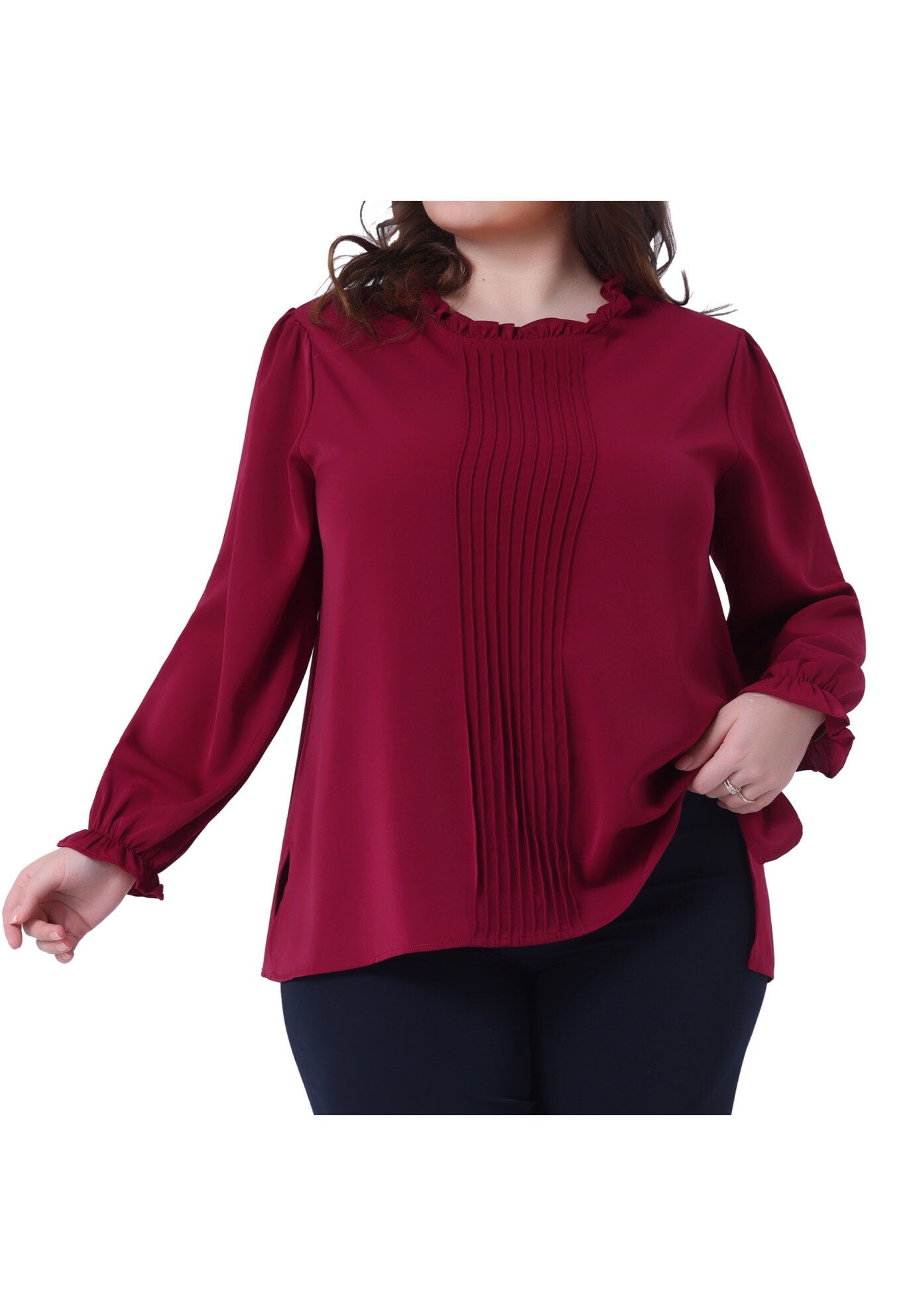 Long Sleeve Ruffle Front Pleated Top Elastic Cuff Blouse, Burgundy / Burgundy, alternate image number 2