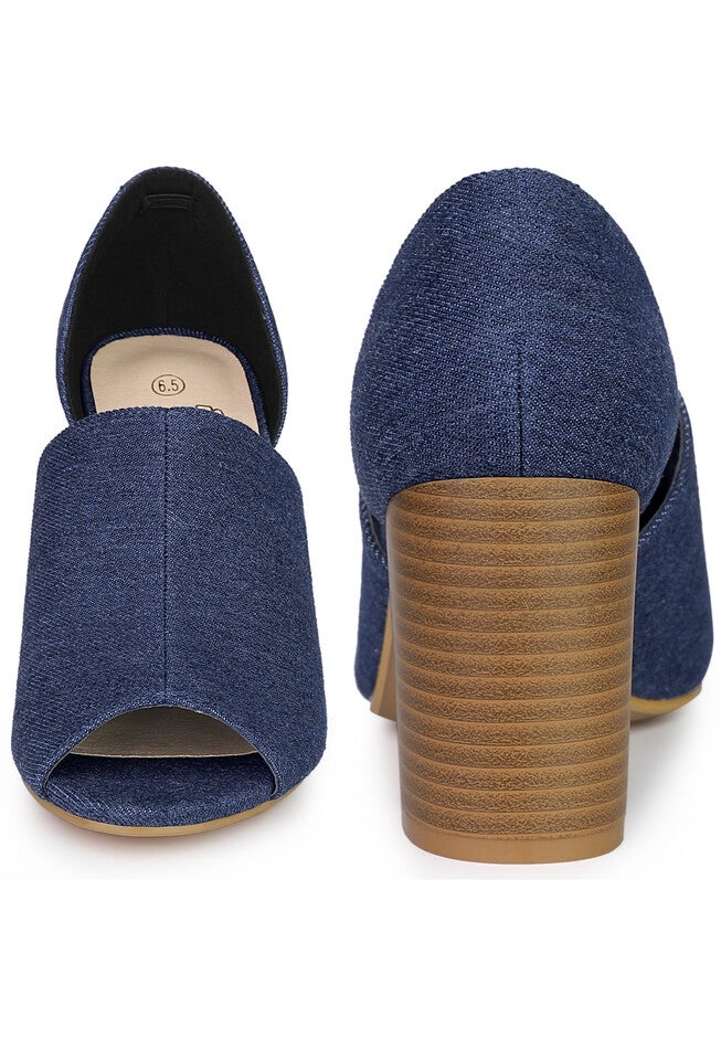 Denim Peep Toe Chunky Heels Wide Heel Mules, Blue / Navy, alternate image number 1
