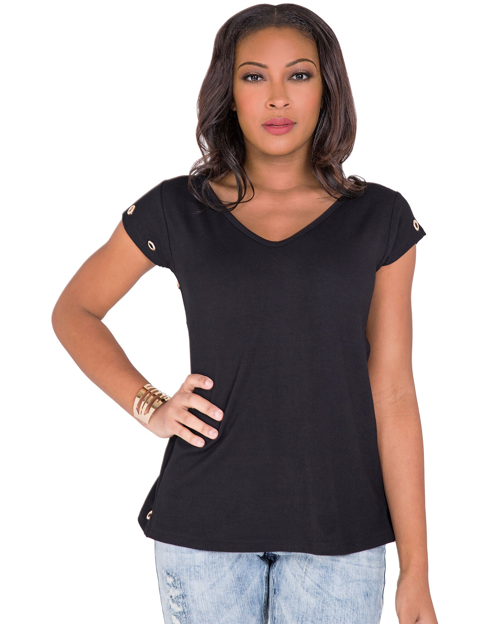 Plus Size Kira V-Back Cut Out T-Shirt With Grommets, Black / Black, hi-res image number 0
