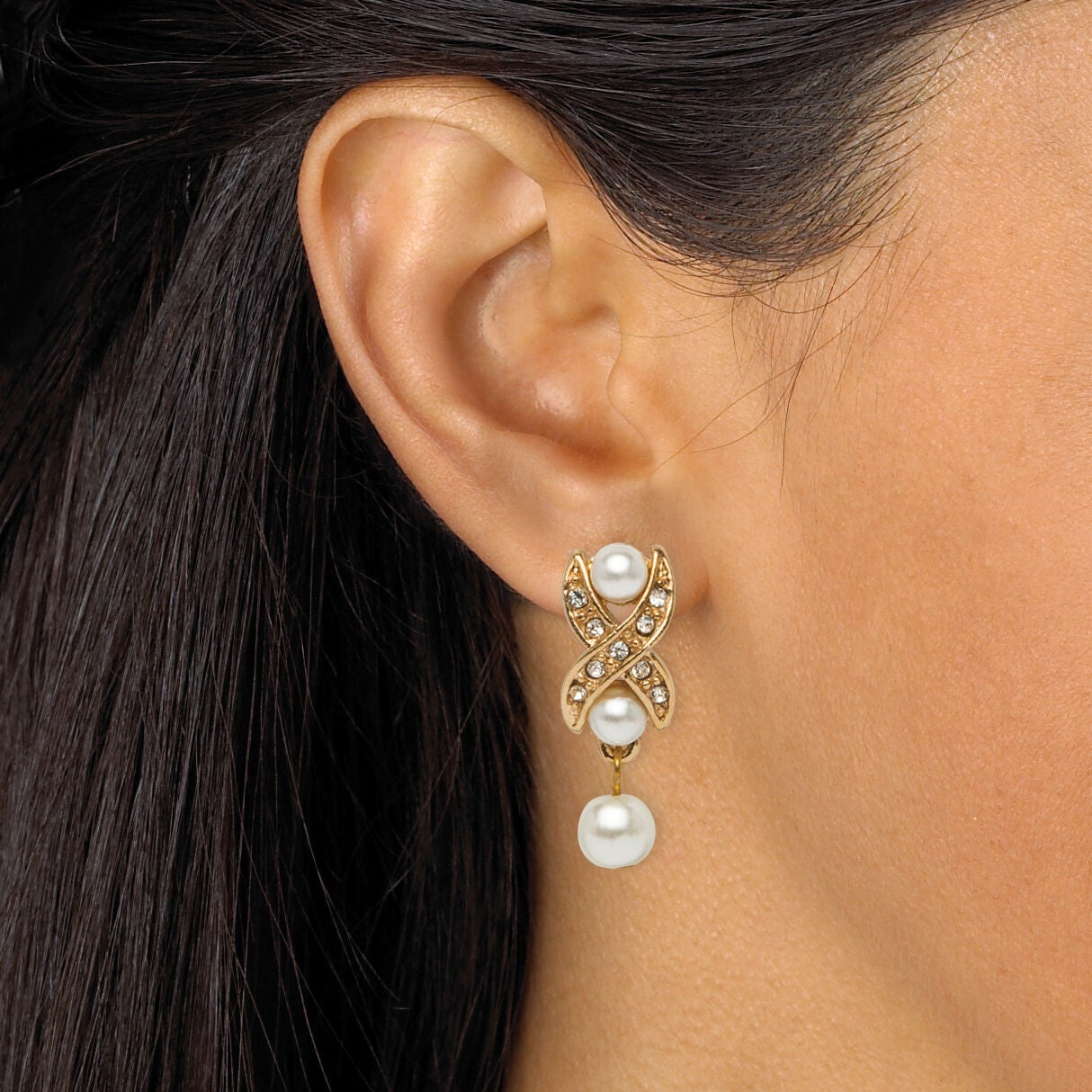 Simulated Pearl and Crystal Three-Piece Jewelry Set in Yellow Goldtone, White / White, alternate image number 3