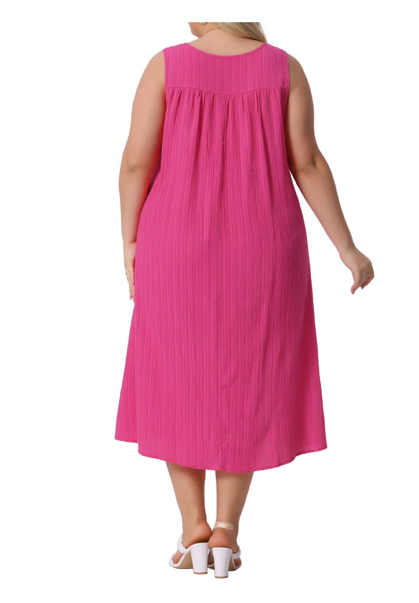 Summer Ring Strap Loose V Neck Sleeveless Sundress, Hot Pink / Deep Fuchsia, alternate image number 3