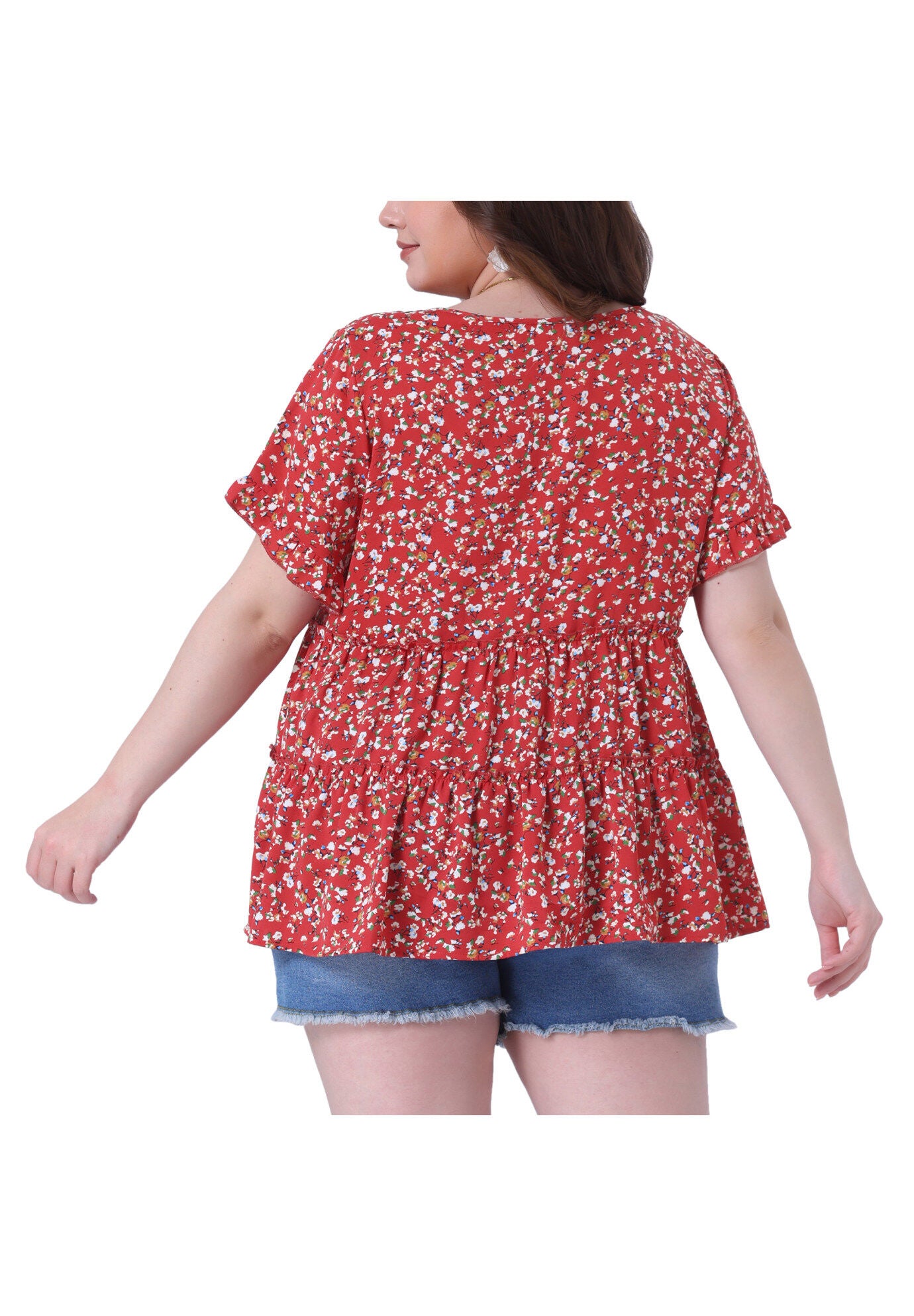 Floral Print V Neck Ruffles Sleeve Tiered Babydoll Blouse, Burgundy / Burgundy, alternate image number 3