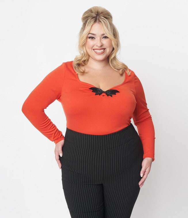 Unique Vintage Orange & Black Bat Bow Long Sleeve Top, Orange / Orange, hi-res image number 0