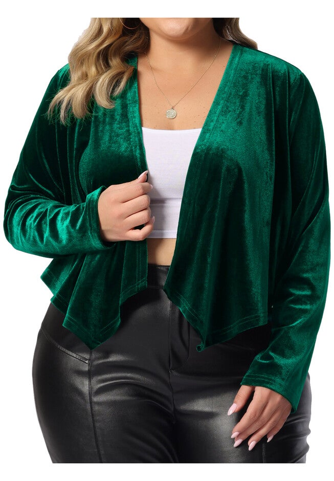 VELVET OPEN FRONT CROPPED JACKET CARDIGAN, Green / Forest Green, alternate image number 2