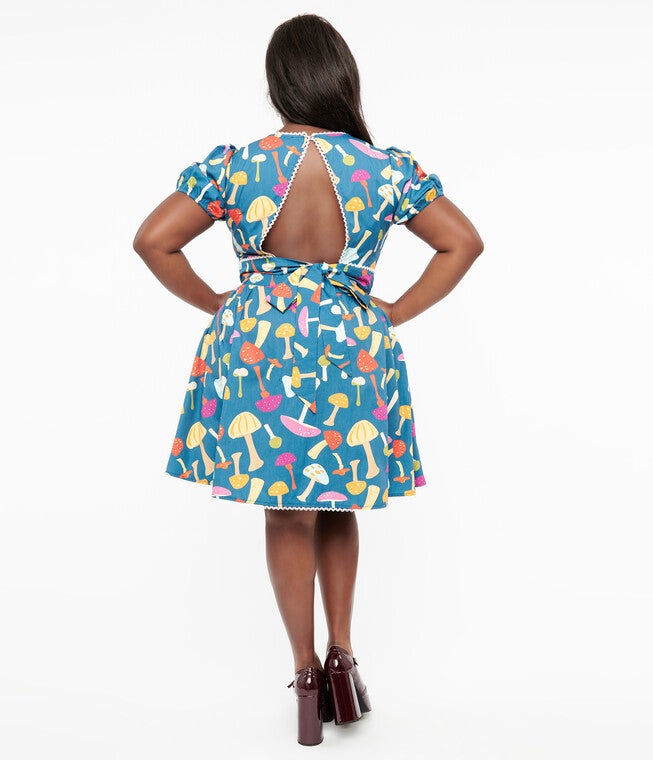 Smak Parlour 1960s Navy & Rainbow Mushroom Open Back Flare Dress, , alternate image number 5