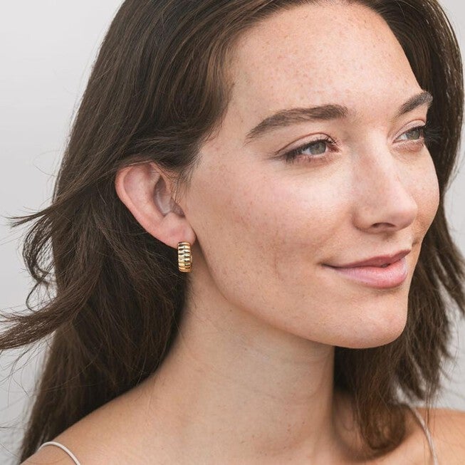 Ribbed Hoop Earrings, Gold / Gold, alternate image number 1