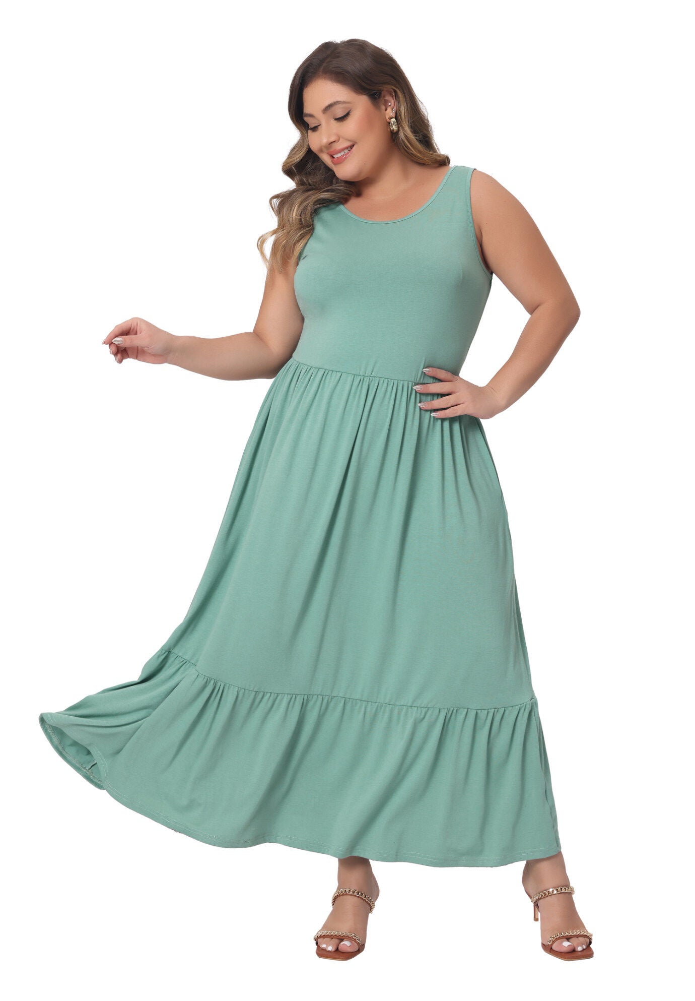 Sleeveless Swing Flowy Summer Maxi T-Shirt Dress with Pockets, Mint Green / Black, hi-res image number 0