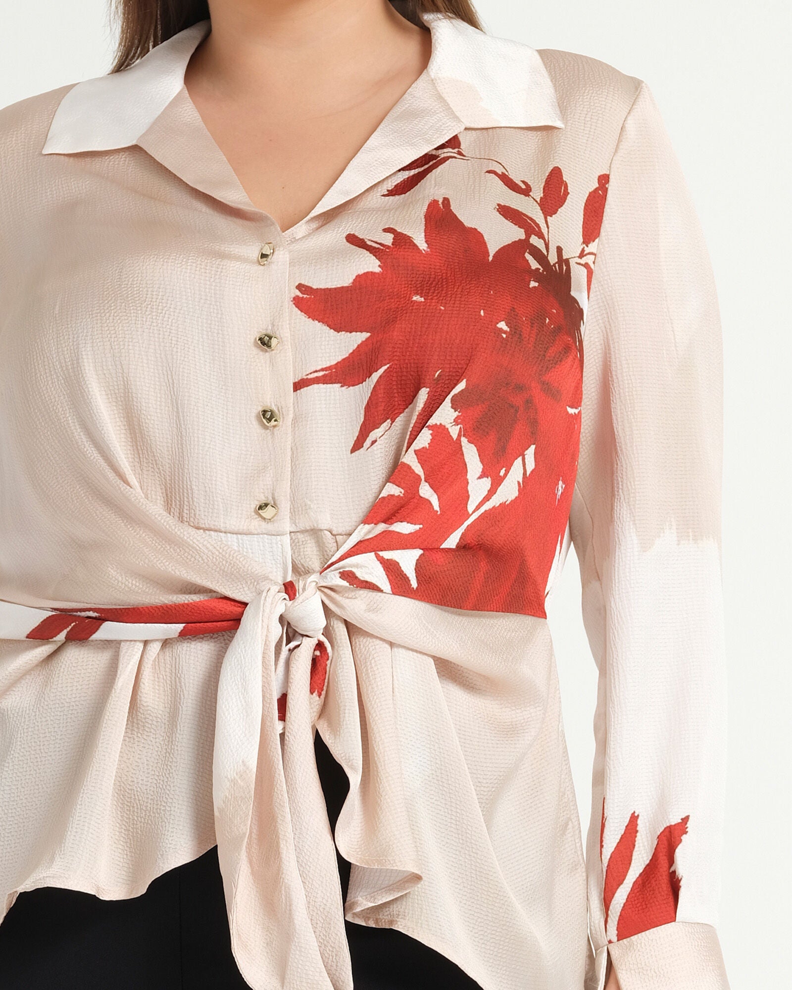 Maisie Long Sleeve Tie Shirt, Natural Rosa / Red, alternate image number 4