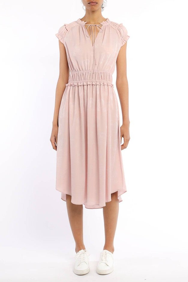 ROSETTE MID LENGTH SMOCKED WAIST DRESS IN LIGHT PINK, Light Pink / Pink, hi-res image number 0