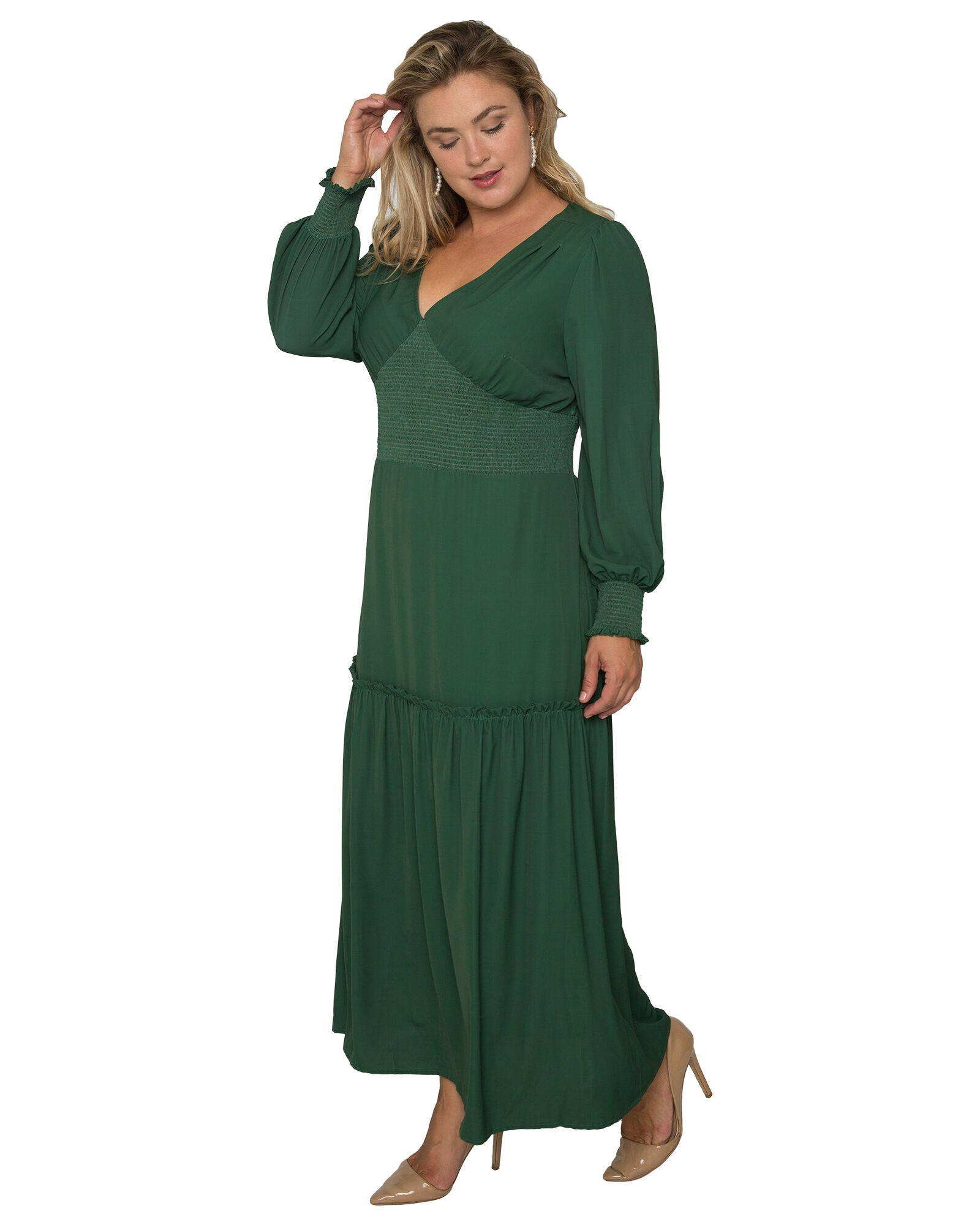 Plus Size Zina Smocked Waist Long Sleeve Maxi Dress, Green / Hunter Green, alternate image number 3