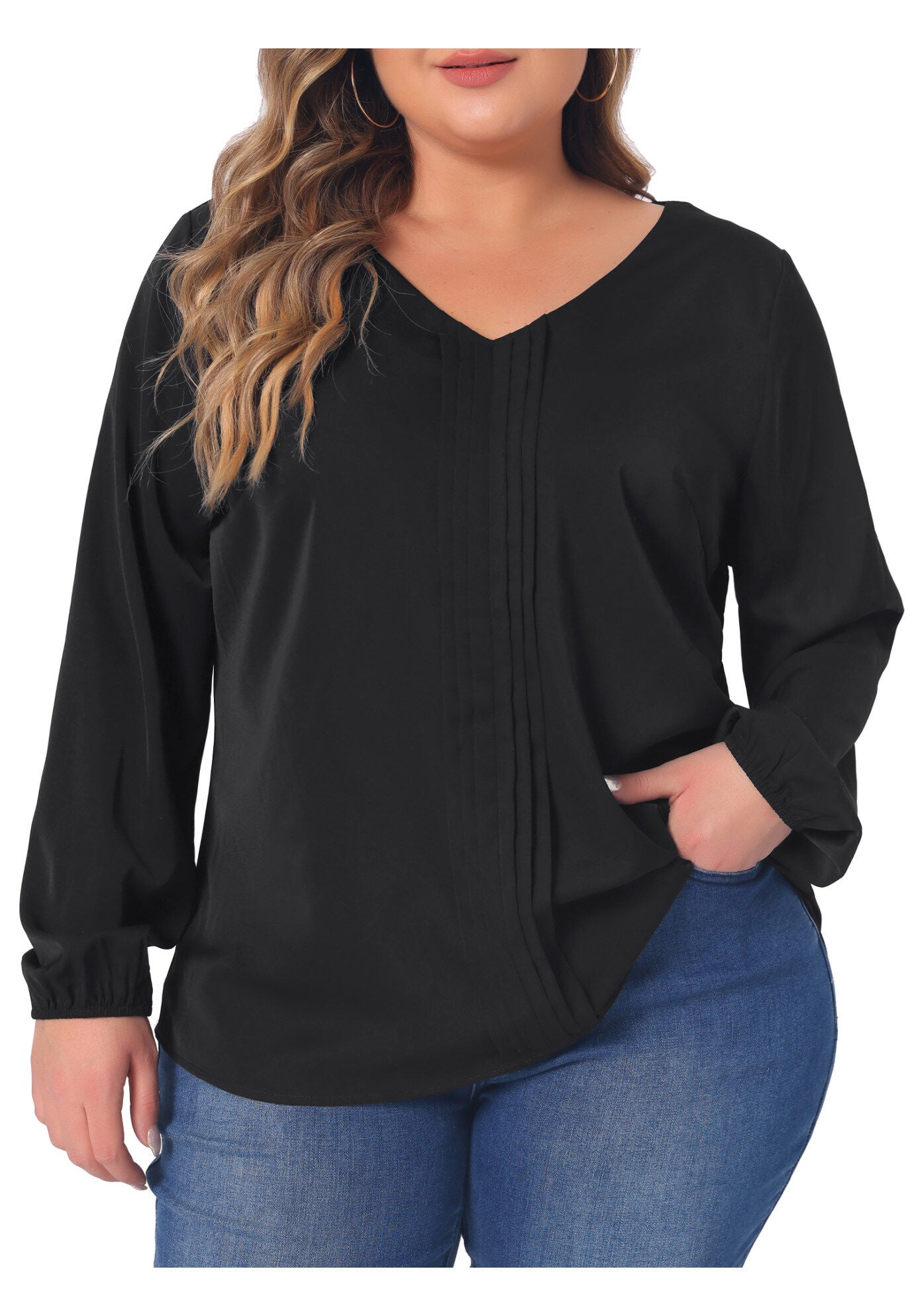 Long Sleeve Flowy Shirt Pleated V Neck Blouse, Black / Black, alternate image number 2
