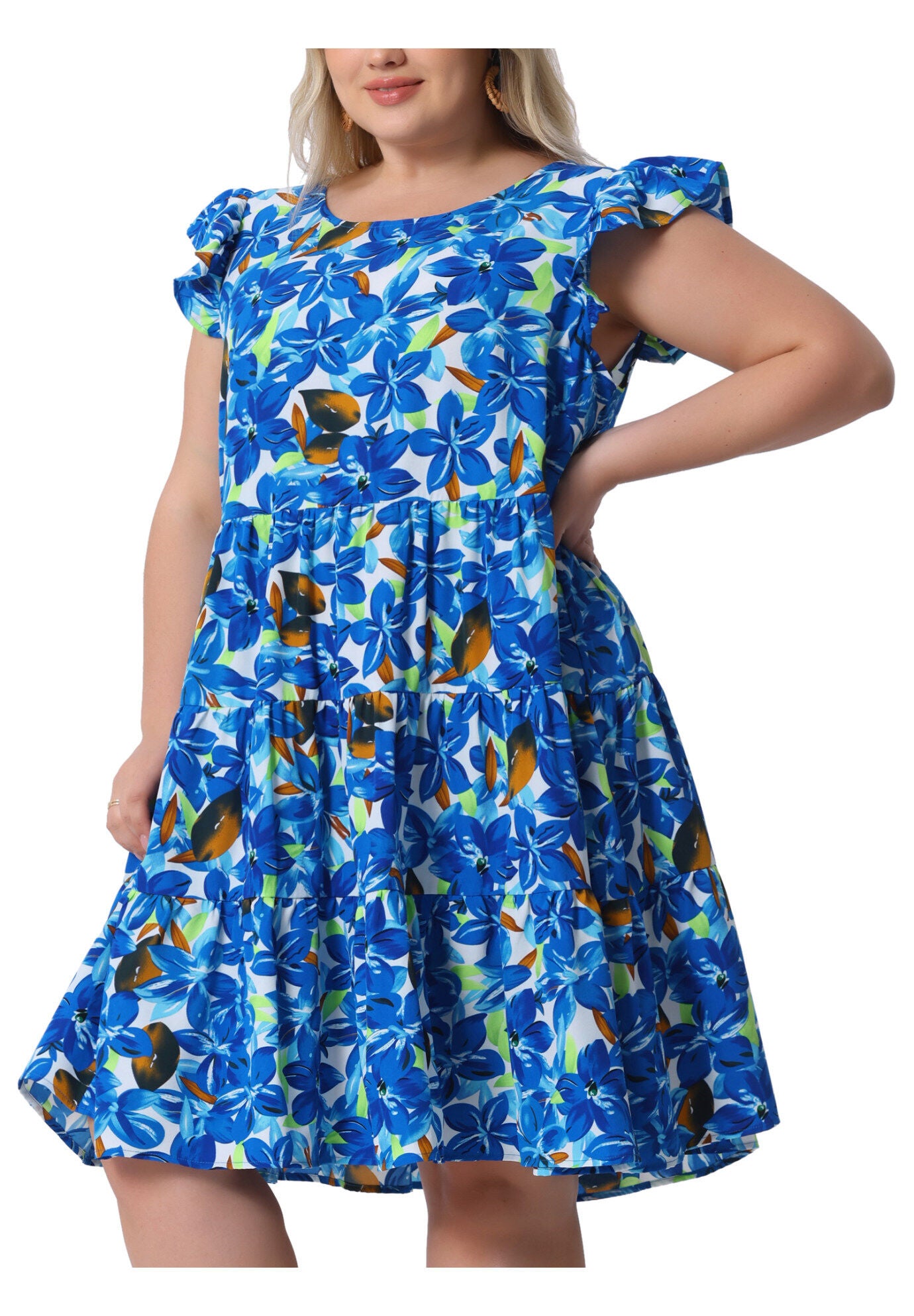 Summer Flutter Sleeves Floral Print Tiered Babydoll Ruffle Dress, Blue / Azure Blue, alternate image number 1