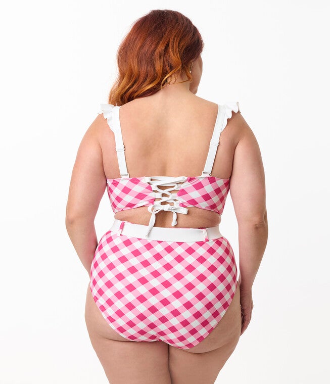 Unique Vintage Plus Size Pink & White Gingham Southampton Swim Top, Pink / Pink, alternate image number 1