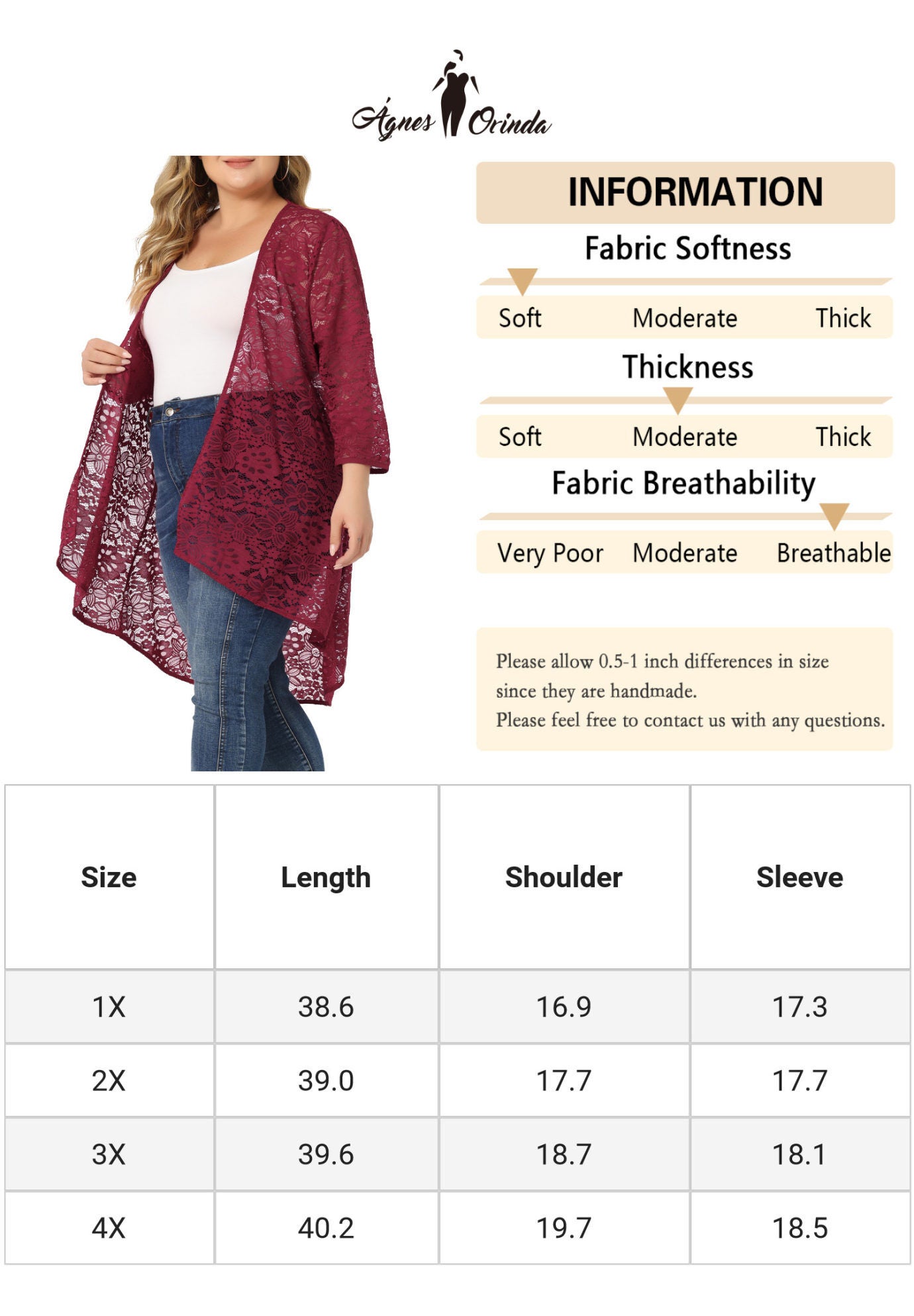 LIGHTWEIGHT 3/4 SLEEVE OPEN FRONT CROCHET LACE COVER UP, Burgundy / Red, alternate image number 2