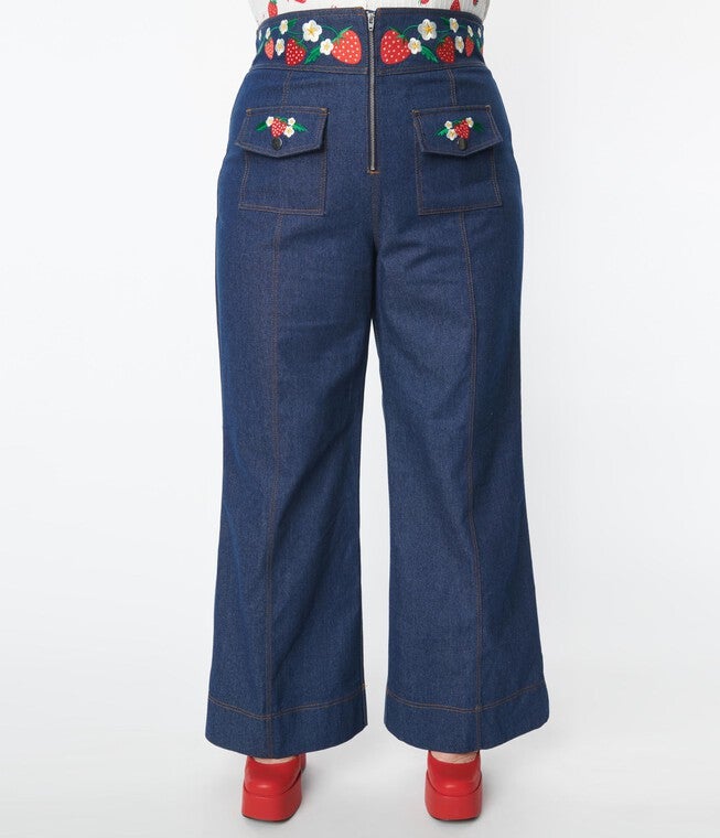 Smak Parlour Strawberry Blossom Embroidered Denim Wide Leg Pants, Dark Denim / Dark Wash, alternate image number null