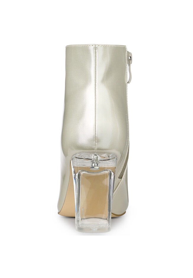 CLEAR HEEL POINTY TOE ANKLE BOOTS, Gold / Gold, alternate image number 2