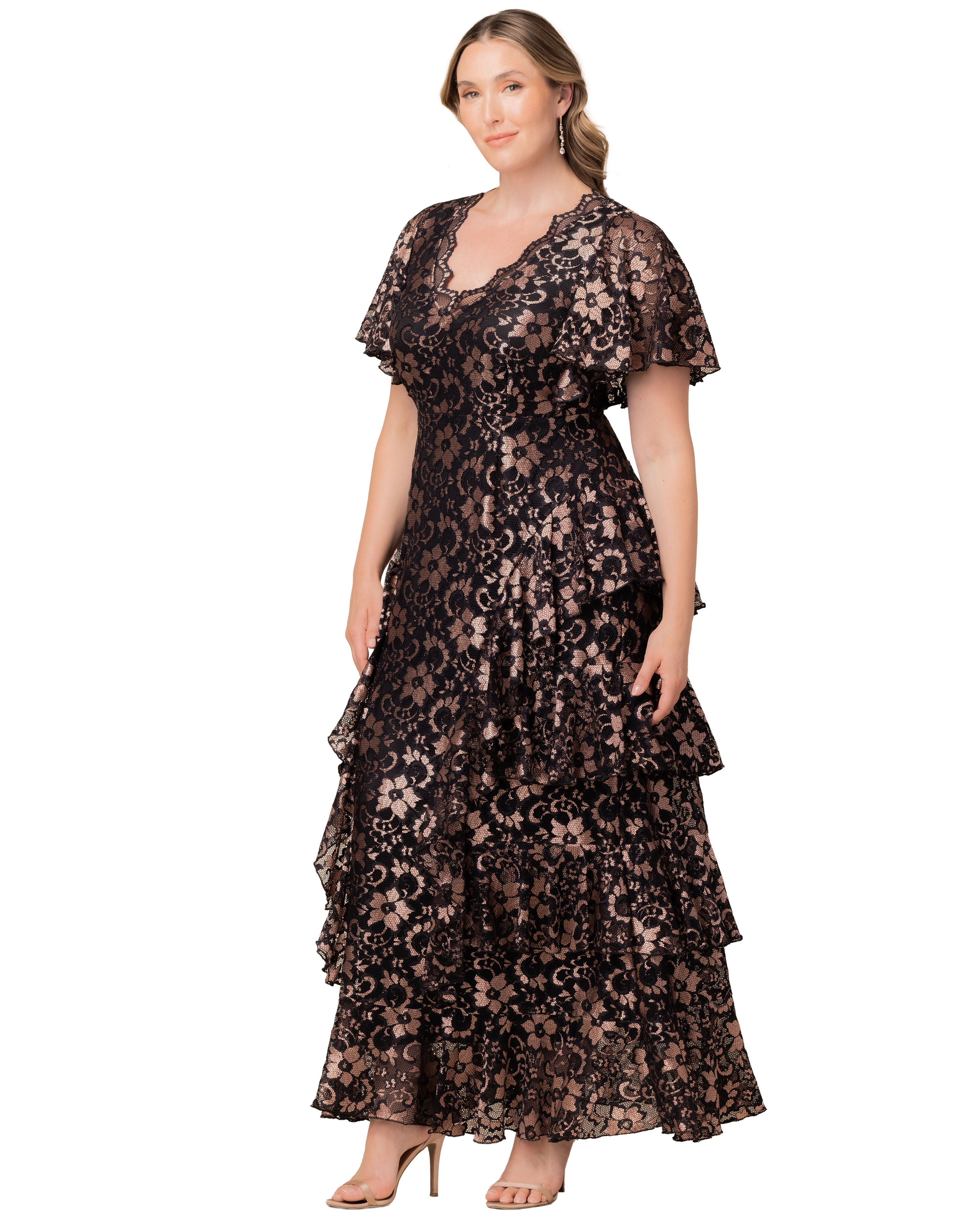 Mon Ange Tiered Lace Evening Gown, ROSE GOLD / Black, alternate image number 1