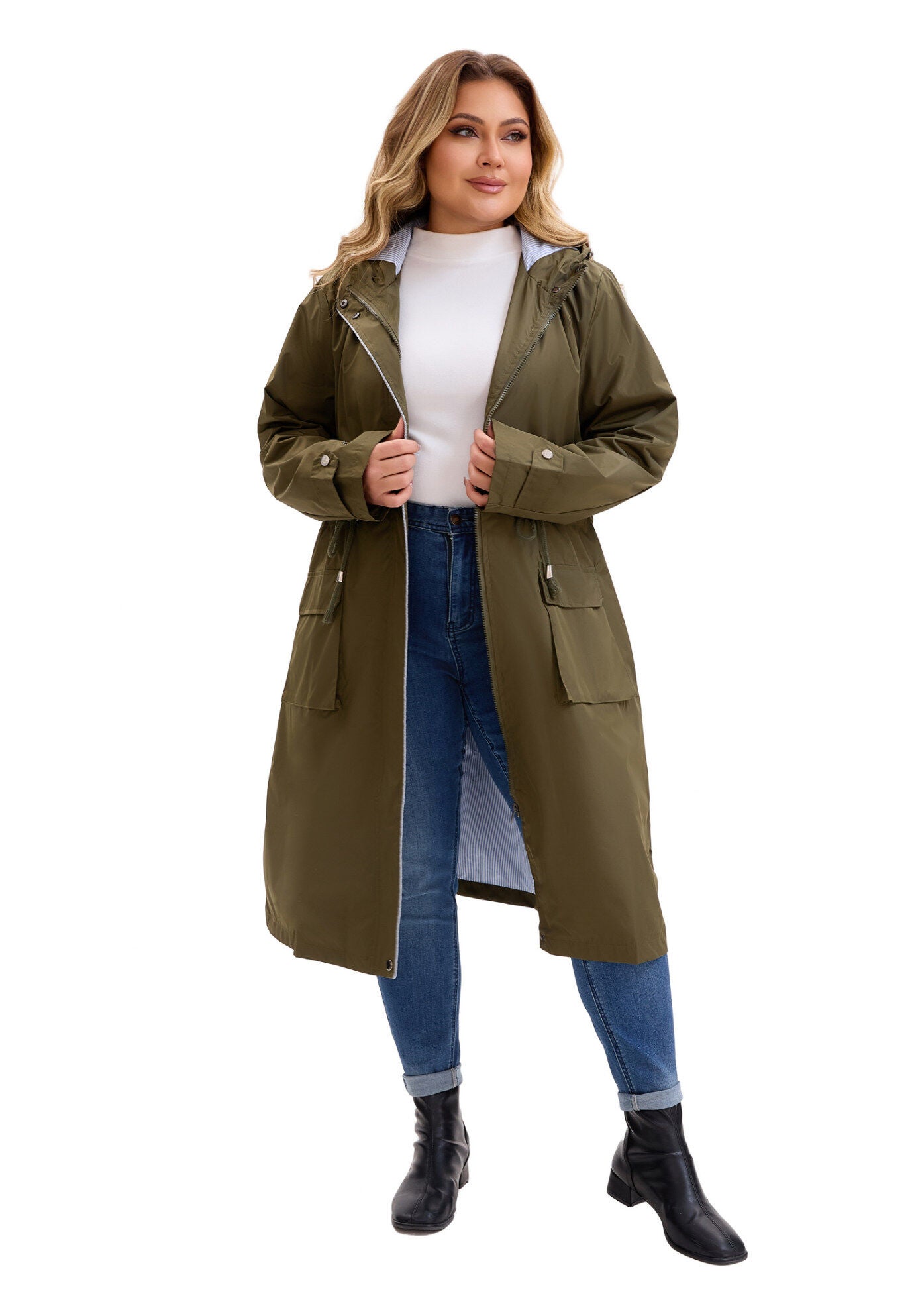 Drawstring Waist Zipper Waterproof Rain Windbreaker Jacket, Army Green / Olive Green, alternate image number 2