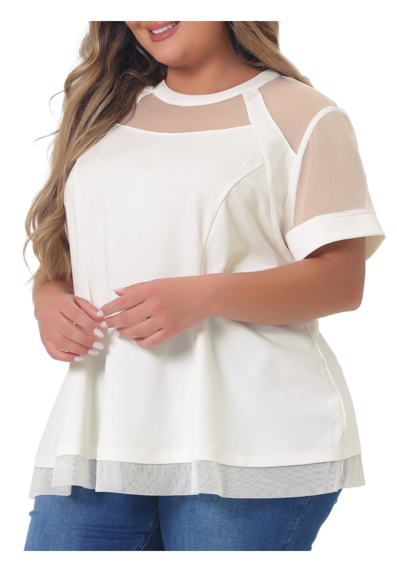 ROUND NECK SHORT SLEEVE MESH SHEER SUMMER PEPLUM TOP, White / White, alternate image number 1
