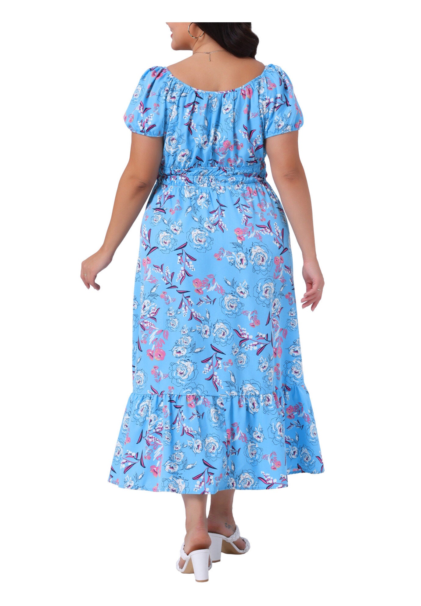 Square Neck Floral Short Sleeve Side Slit A Line Maxi Floral Dress, Blue / Light Blue, alternate image number 3