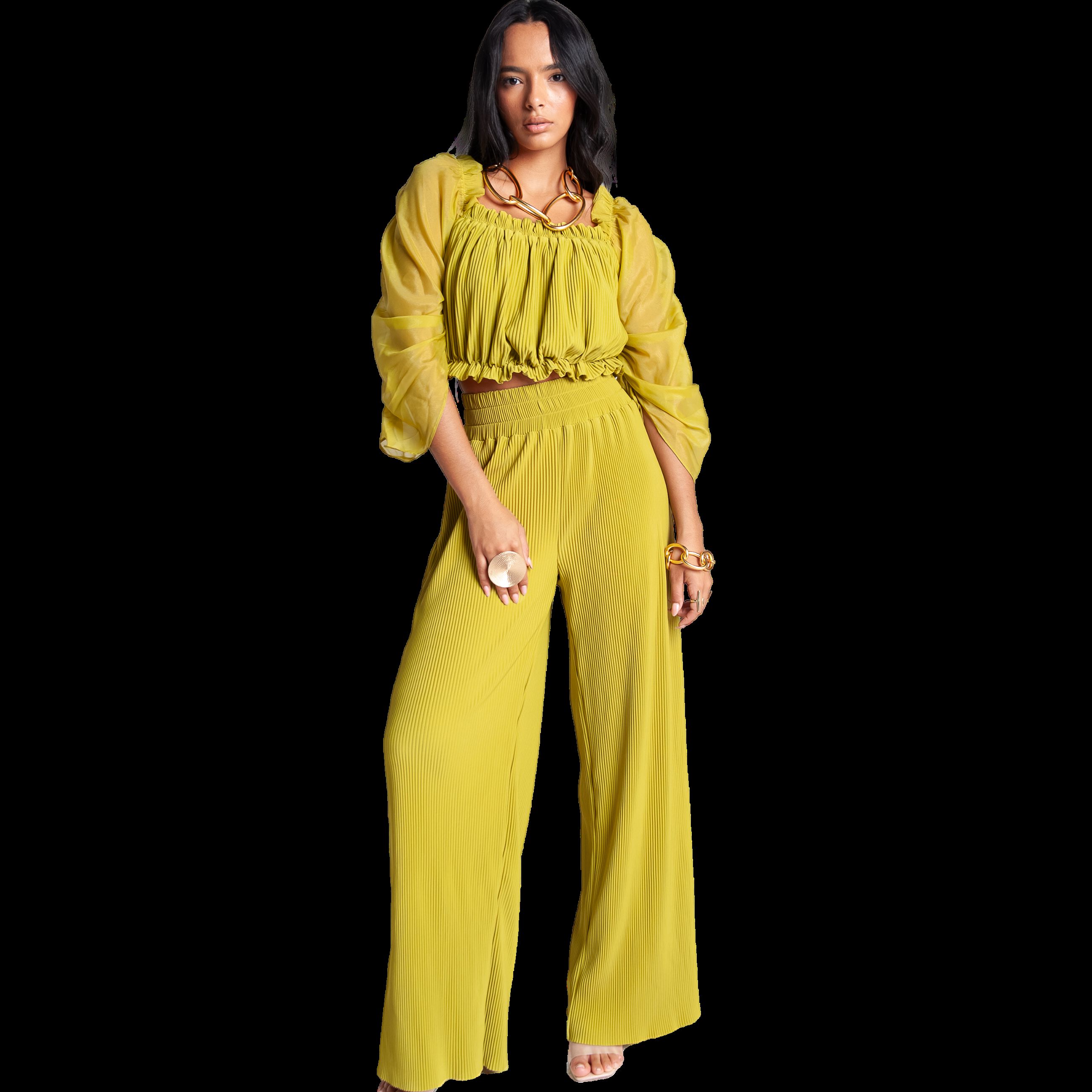High Waisted Pleated Wide Leg Pants, Lime / Light Green, alternate image number 2