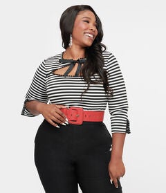 1950s Black & White Stripe Cutout Neck Tie Top