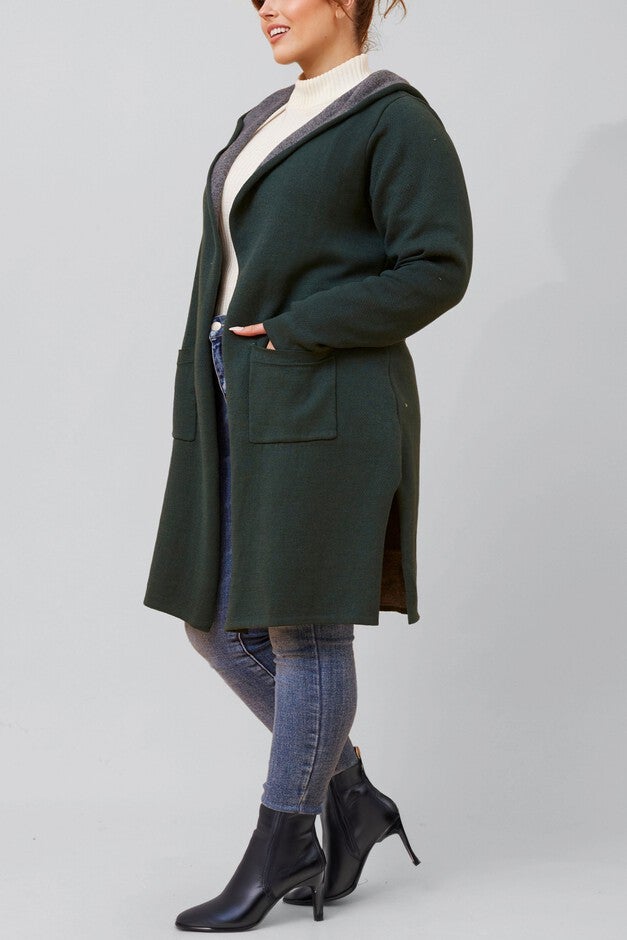 Nora Hooded Open Front Knit Cardigan, Green / Forest Green, alternate image number null