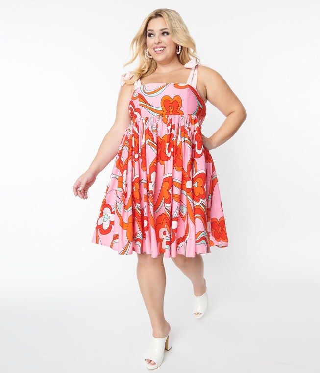 Smak Parlor Plus Size Pink Psychedelic Floral Print Babydoll Dress, Pink Psychedelic Floral Print / Pink, hi-res image number 0