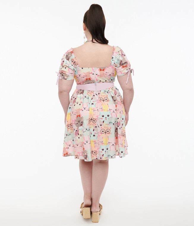 Unique Vintage 1950s Pink & Multicolor Cat Print Dakota Flare Dress, , alternate image number 6