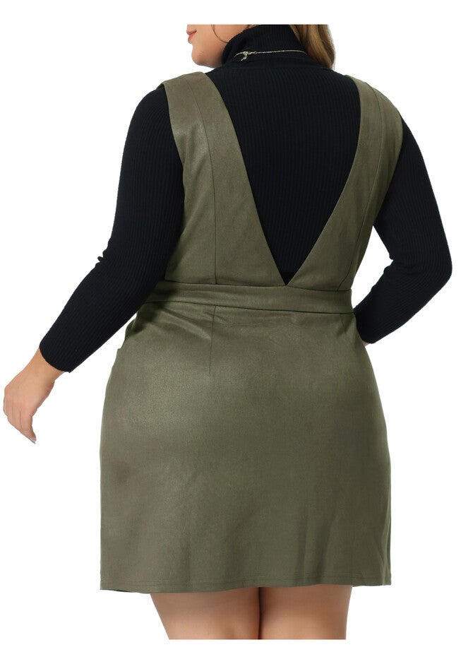 V Neck Sleeveless Faux Suede Pockets Pinafore Overall Mini Dress, Army Green / Olive Green, alternate image number null