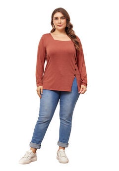 Side Button Square Neck Long Sleeve Casual Tunic Blouse