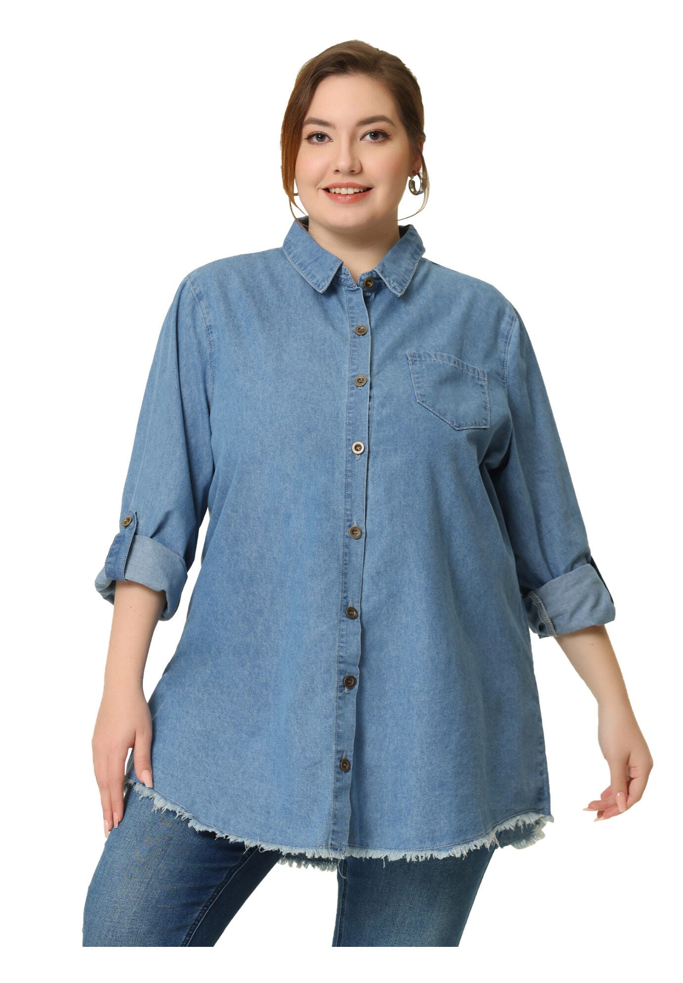 CHAMBRAY TOP BUTTON DOWN DENIM SHIRT, Light Blue / Light Blue, hi-res image number 0