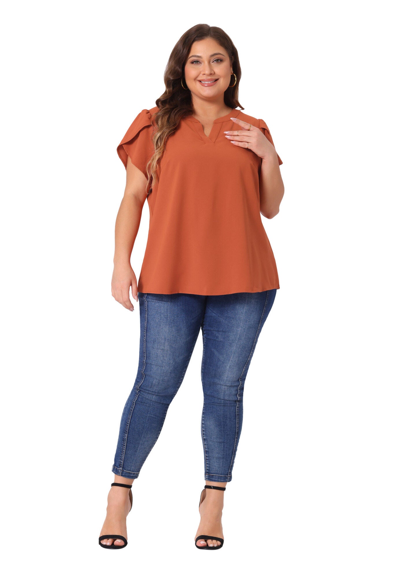 Notched V Neck Short Petal Sleeve Shirt Top, Caramel / Burnt Orange, hi-res image number 0