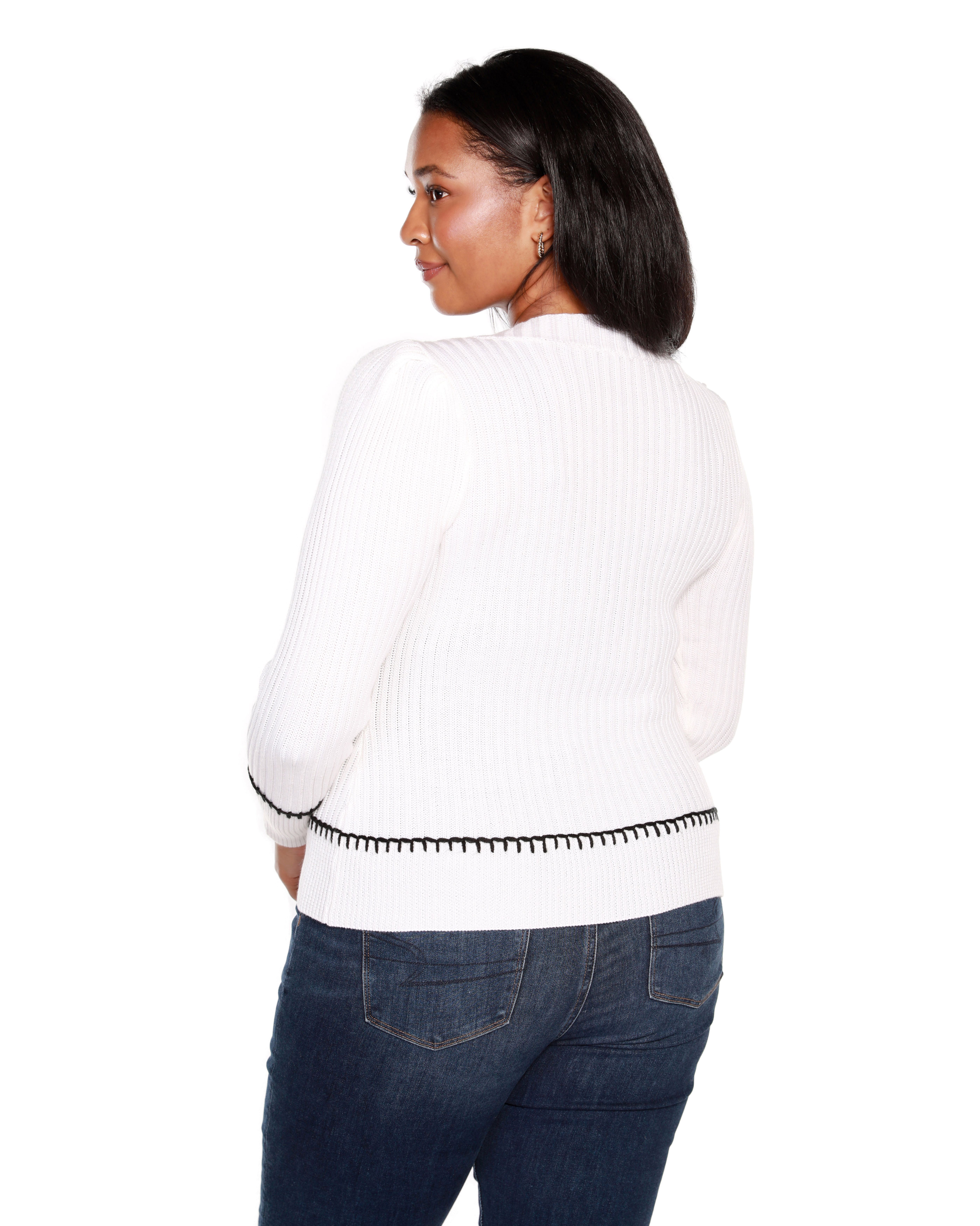 Plus Size Puff sleeve V-Neck Sweater, Winter White / Ivory, alternate image number 3