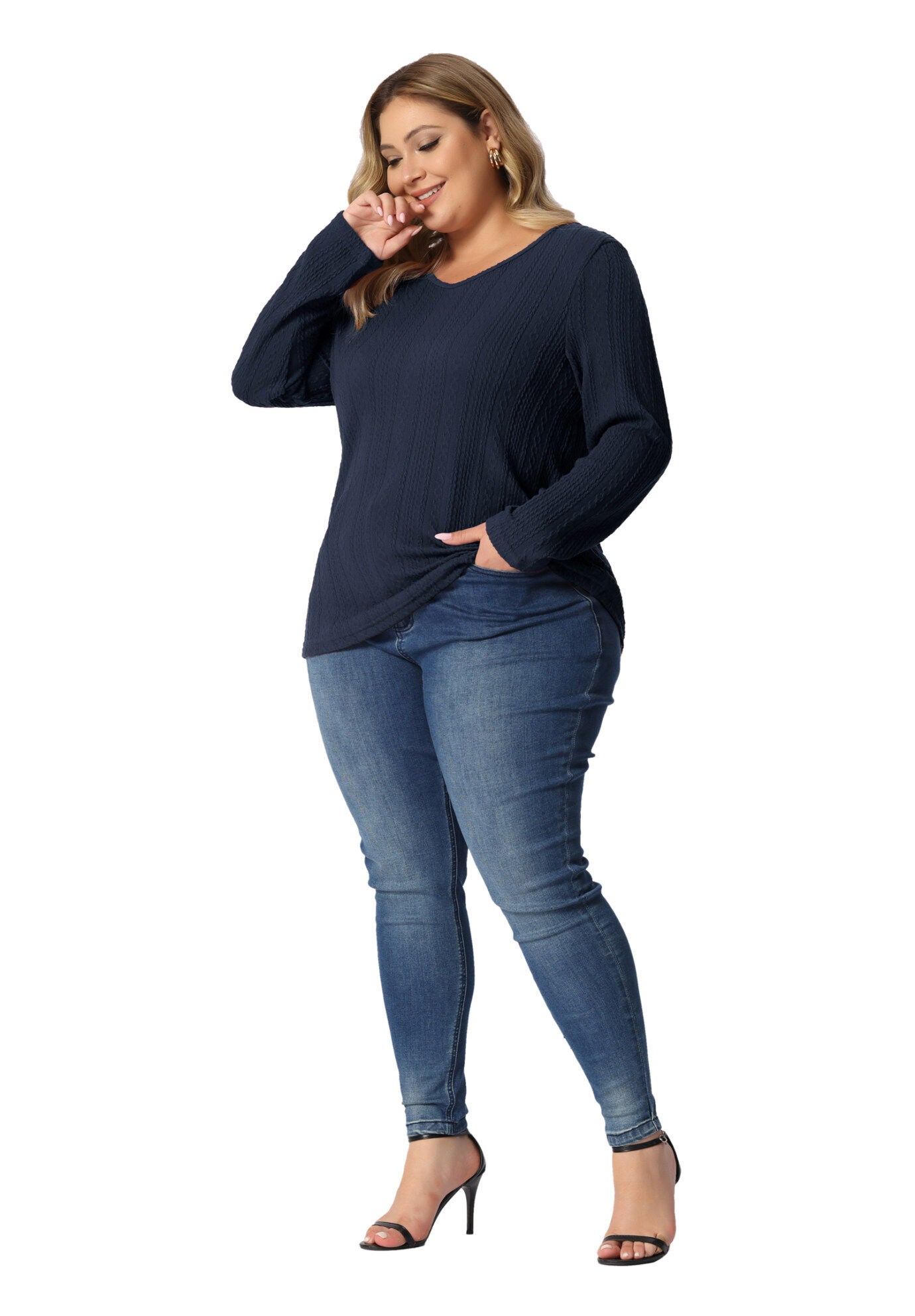 V Neck Long Sleeve Basic Knit Top Tee T-Shirt, Navy Blue / Navy, hi-res image number 0