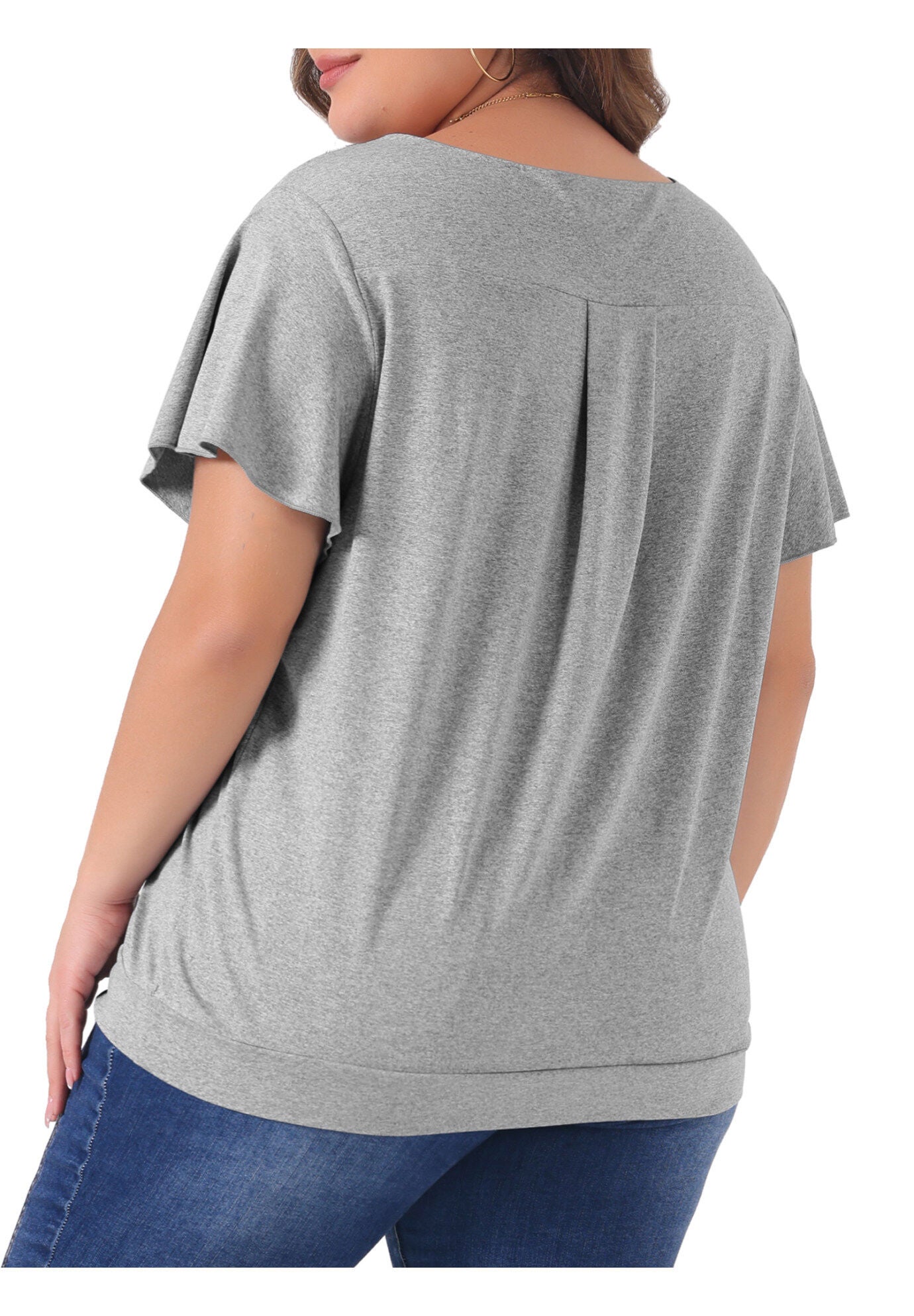 V Neck Ruffle Short Sleeve T-Shirt Top, Grey / Light Grey, alternate image number 3