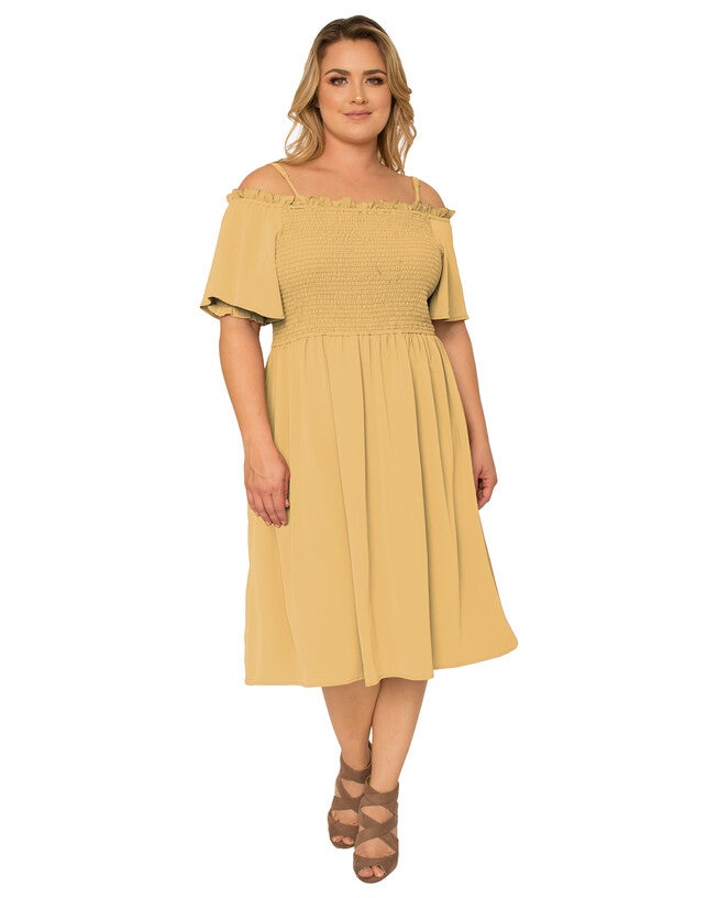 Gabi Plus Size Off The Shoulder Smocked Georgette Dress, Pale Banana / Light Yellow, hi-res image number 0