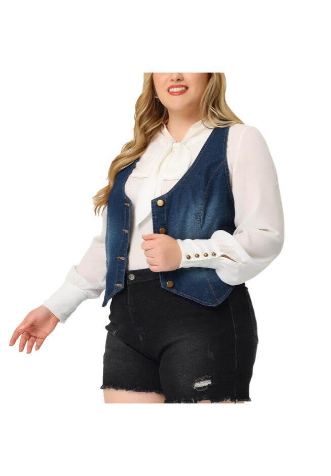 BUTTON DOWN SLEEVELESS JEAN WAISTCOAT VEST, Blue / Navy, alternate image number 1
