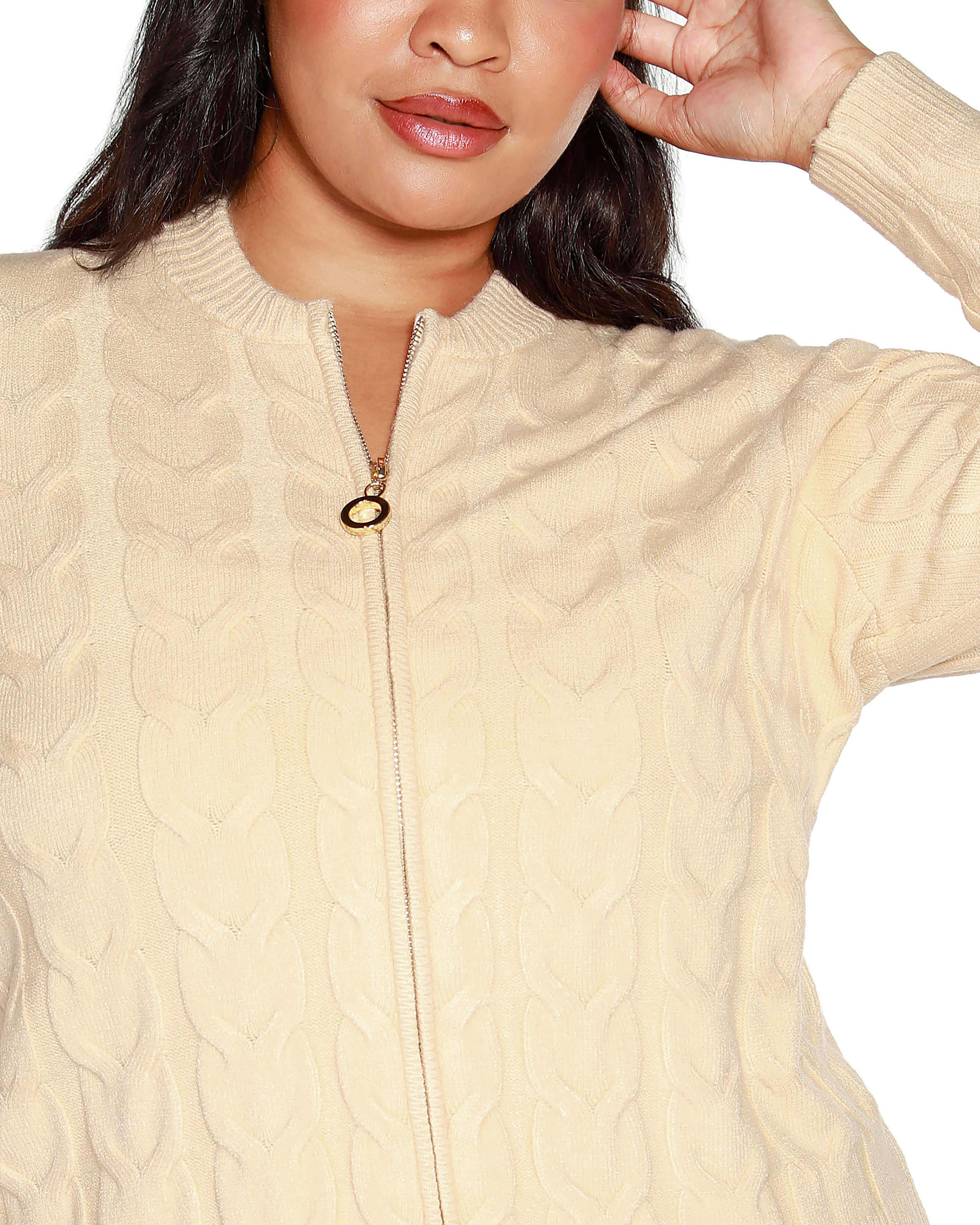 ZIP CABLE SWEATER, Cream / Cream, alternate image number 3