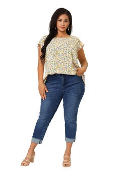 Summer Top Floral Round Neck Short Sleeves Ruffle Blouse