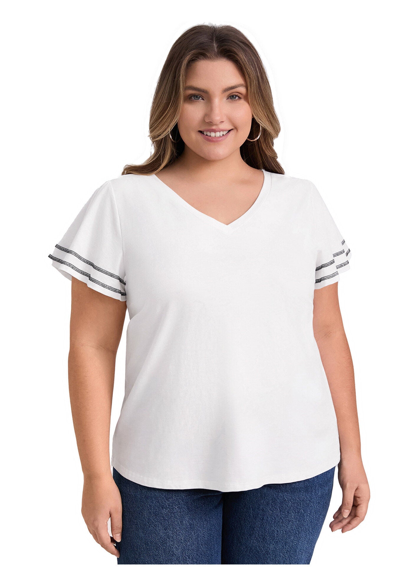 Contrasting Colors Top Ruffle Short Sleevs Tee Shirt Blouse, White / White, alternate image number 2