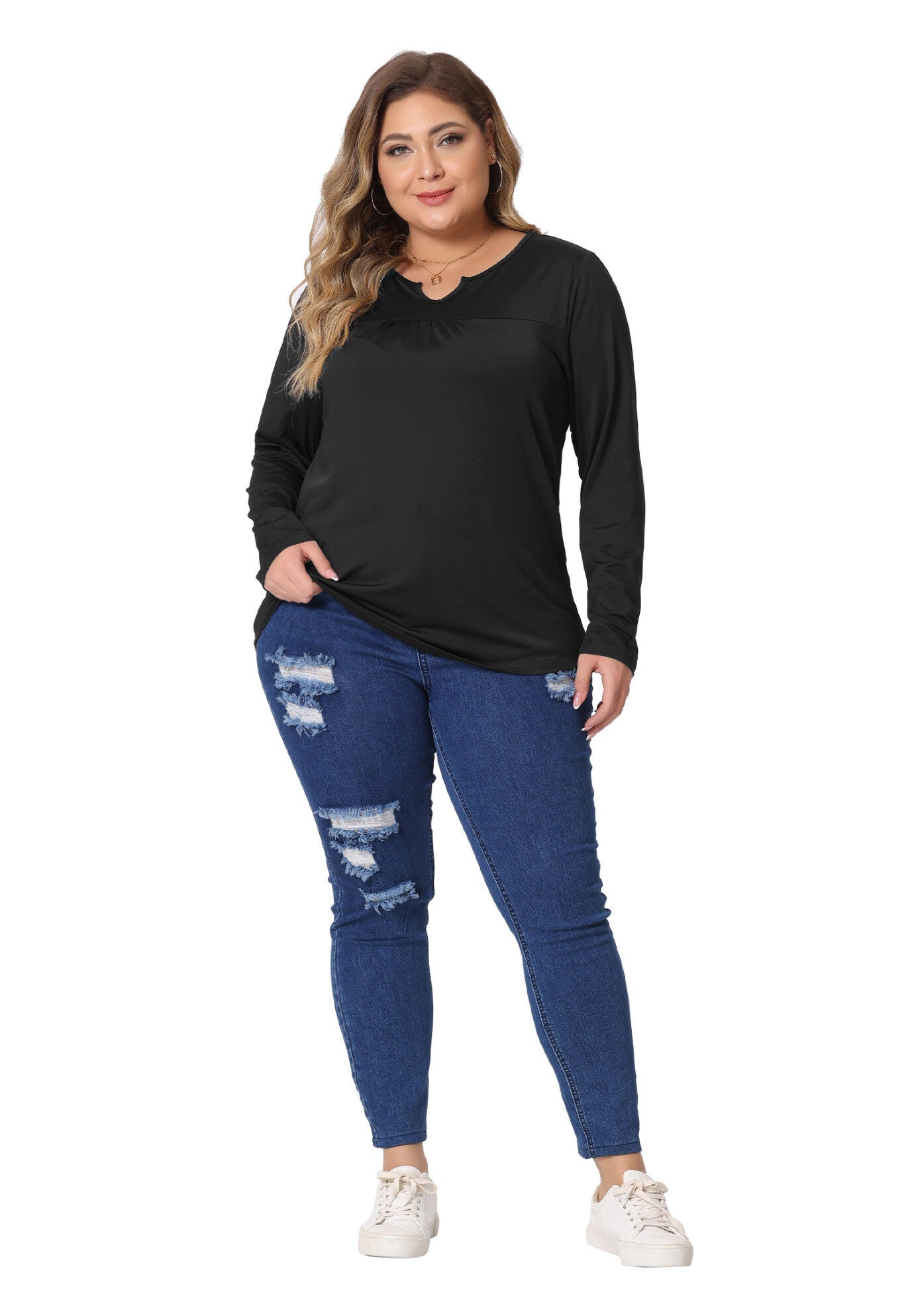 NOTCHED NECK LONG SLEEVE T-SHIRT LOOSE CASUAL TUNIC BLOUSE, Black / Black, hi-res image number 0