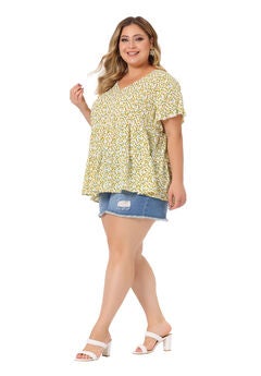 Floral Print V Neck Ruffles Sleeve Tiered Babydoll Blouse